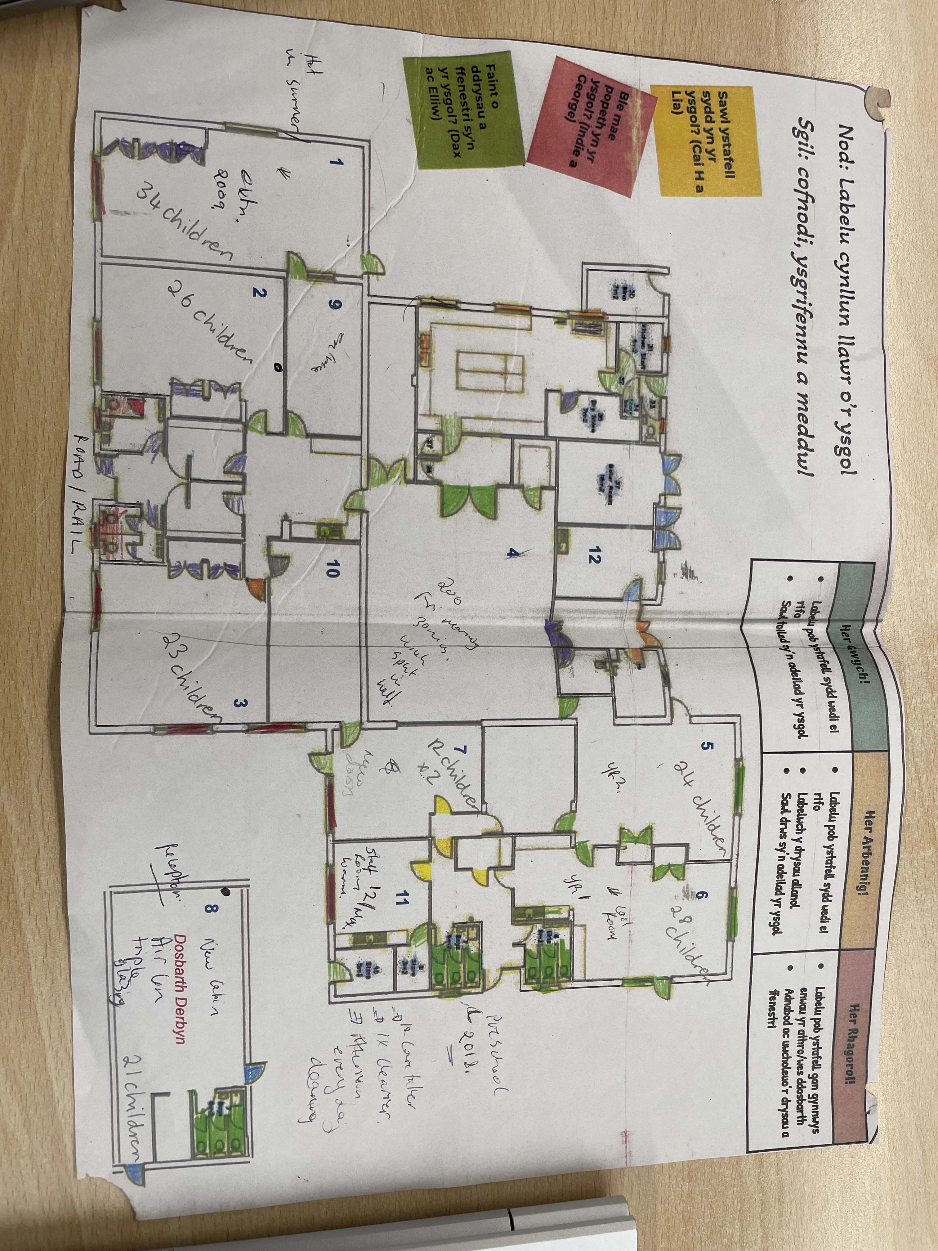 School floorplan of main building with notes on capacity and building fabric